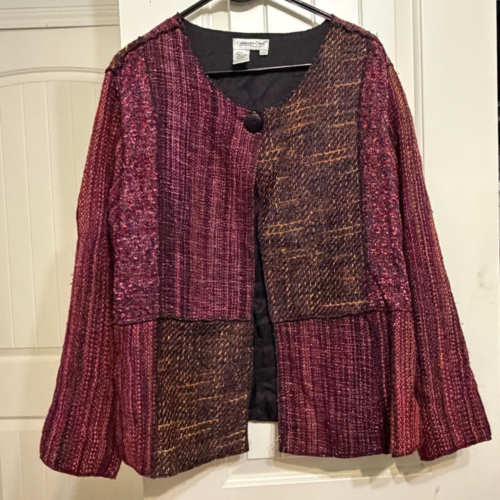 Coldwater Creek Women PXL Burgundy Woven Patchwork Open Front Jacket Lined